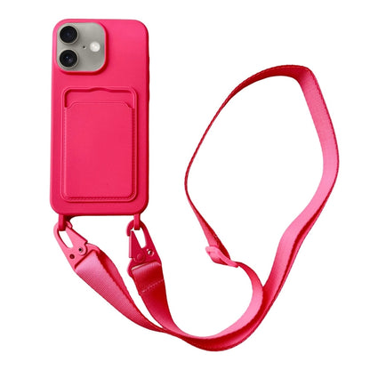 For iPhone 16 Plus Card Slot Liquid Silicone Phone Case with Lanyard(Rose Red) - iPhone 16 Plus Cases by PMC Jewellery | Online Shopping South Africa | PMC Jewellery | Buy Now Pay Later Mobicred