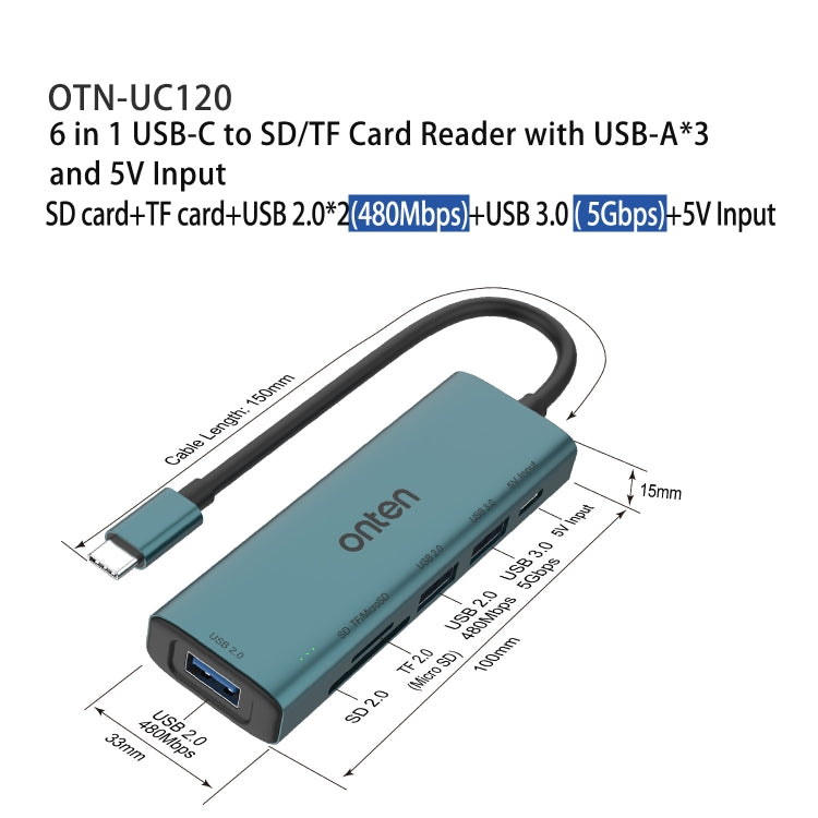 Onten UC120 6 in 1 USB-C to SD / TF Card Reader with 3-Ports USB HUB & 5V Input - USB HUB by Onten | Online Shopping South Africa | PMC Jewellery | Buy Now Pay Later Mobicred