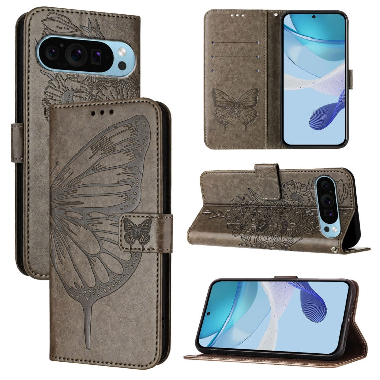 For Google Pixel 9 Pro XL Embossed Butterfly Leather Phone Case(Grey) - Google Cases by PMC TechLife | Online Shopping South Africa | PMC TechLife | Buy Now Pay Later Mobicred