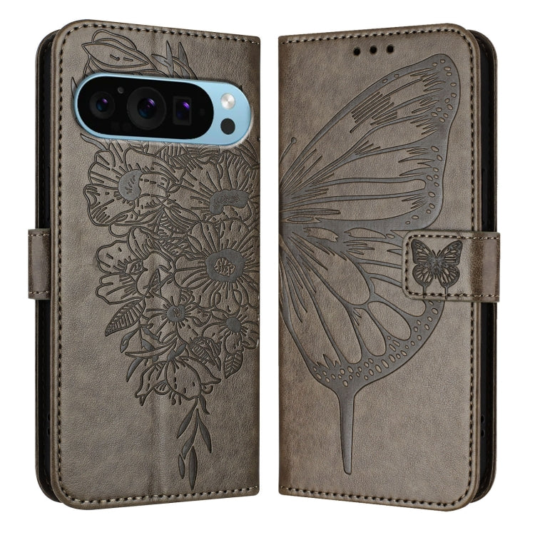 For Google Pixel 9 Pro XL Embossed Butterfly Leather Phone Case(Grey) - Google Cases by PMC TechLife | Online Shopping South Africa | PMC TechLife | Buy Now Pay Later Mobicred