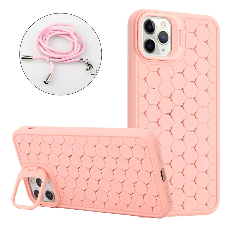 For iPhone 15 Pro Honeycomb Radiating Lens Holder Magsafe Phone Case with Lanyard(Pink) - iPhone 15 Pro Cases by PMC Jewellery | Online Shopping South Africa | PMC Jewellery