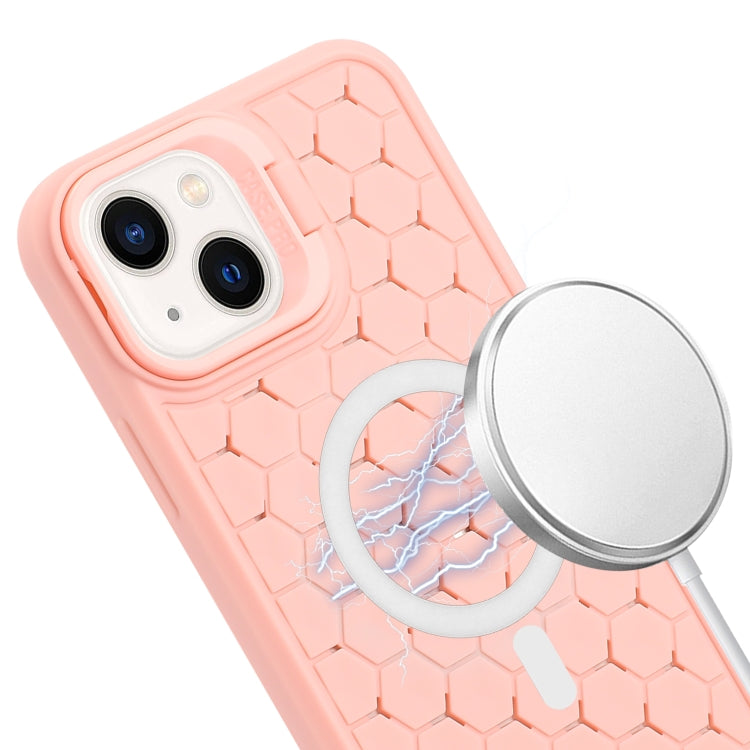 For iPhone 14 Honeycomb Radiating Lens Holder Magsafe Phone Case with Lanyard(Pink) - iPhone 14 Cases by PMC Jewellery | Online Shopping South Africa | PMC Jewellery