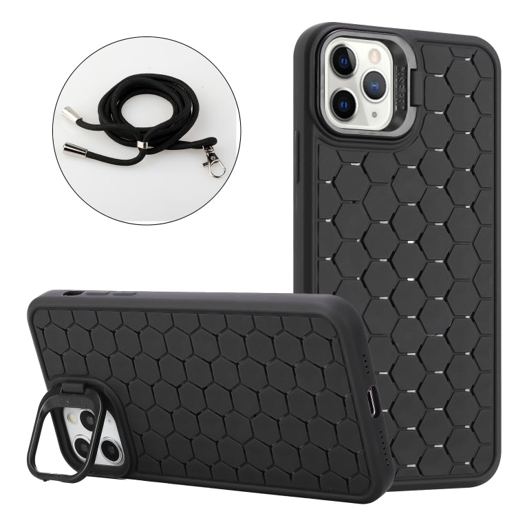 For iPhone 13 Pro Max Honeycomb Radiating Lens Holder Magsafe Phone Case with Lanyard(Black) - iPhone 13 Pro Max Cases by PMC Jewellery | Online Shopping South Africa | PMC Jewellery