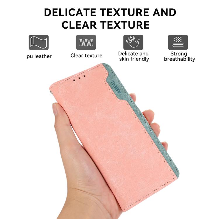 For iPhone 16e ABEEL Color Block Magnetic RFID Leather Phone Case(Pink-Cyan) - iPhone 16e Cases by PMC TechLife | Online Shopping South Africa | PMC TechLife | Buy Now Pay Later Mobicred