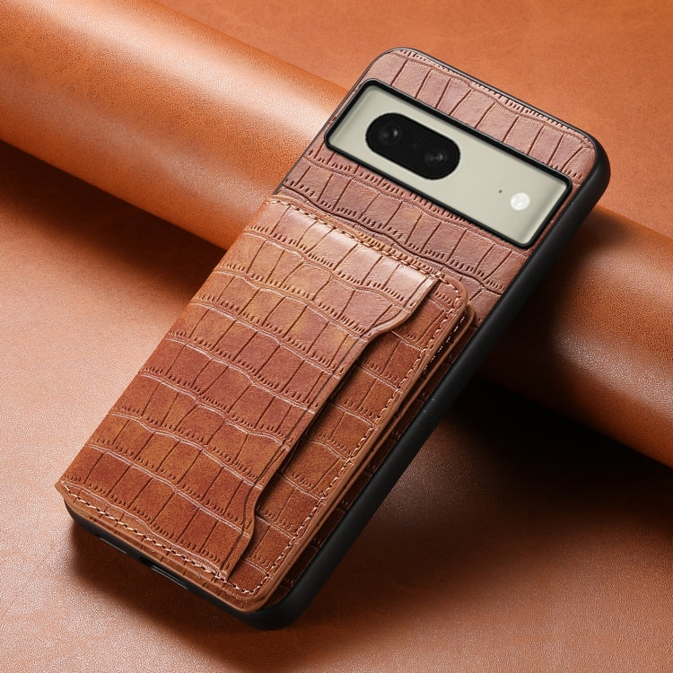 For Google Pixel 8 Crocodile Texture Card Bag Design Full Coverage Phone Case(Brown) - Google Cases by PMC TechLife | Online Shopping South Africa | PMC TechLife | Buy Now Pay Later Mobicred