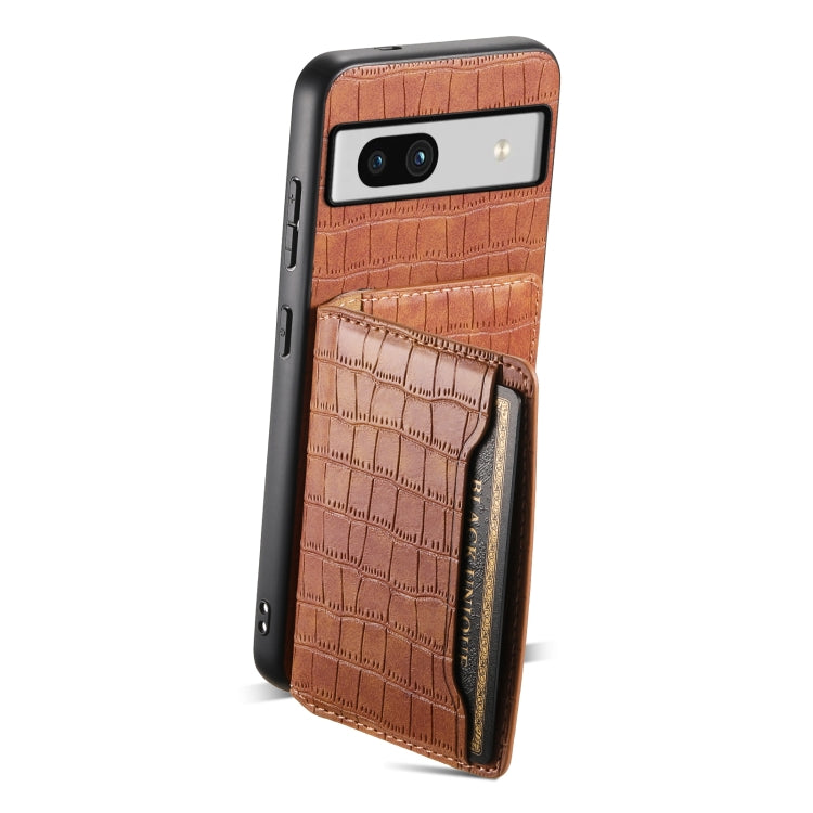 For Google Pixel 7a Crocodile Texture Card Bag Design Full Coverage Phone Case(Brown) - Google Cases by PMC TechLife | Online Shopping South Africa | PMC TechLife | Buy Now Pay Later Mobicred