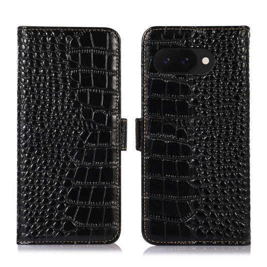 For Google Pixel 9a Crocodile Top Layer Cowhide Leather Phone Case(Black) - Google Cases by PMC Jewellery | Online Shopping South Africa | PMC Jewellery | Buy Now Pay Later Mobicred