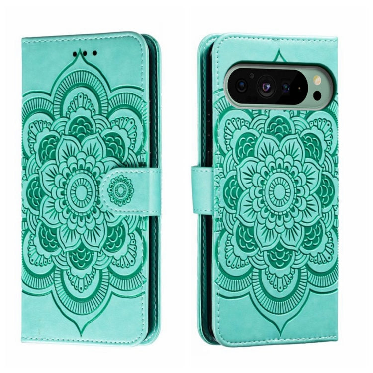 For Google Pixel 9 Sun Mandala Embossing Pattern Phone Leather Case(Green) - Google Cases by PMC Jewellery | Online Shopping South Africa | PMC Jewellery | Buy Now Pay Later Mobicred