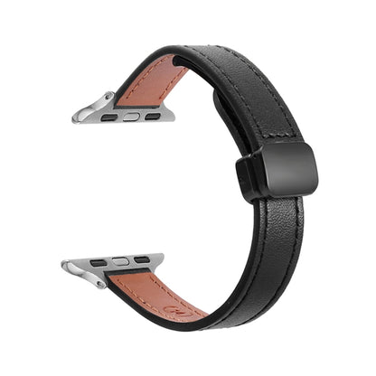 For Apple Watch Series 7 45mm Slim Magnetic Buckle Genuine Leather Watch Band(Plain Black) - Watch Bands by PMC Jewellery | Online Shopping South Africa | PMC Jewellery