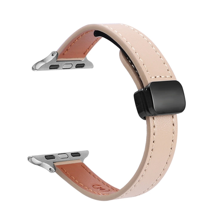 For Apple Watch Series 6 44mm Slim Magnetic Buckle Genuine Leather Watch Band(Plain Apricot) - Watch Bands by PMC Jewellery | Online Shopping South Africa | PMC Jewellery