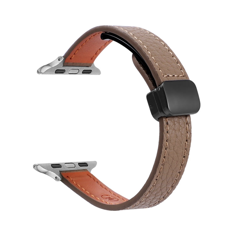 For Apple Watch Series 2 42mm Slim Magnetic Buckle Genuine Leather Watch Band(Litchi Coffee) - Watch Bands by PMC Jewellery | Online Shopping South Africa | PMC Jewellery