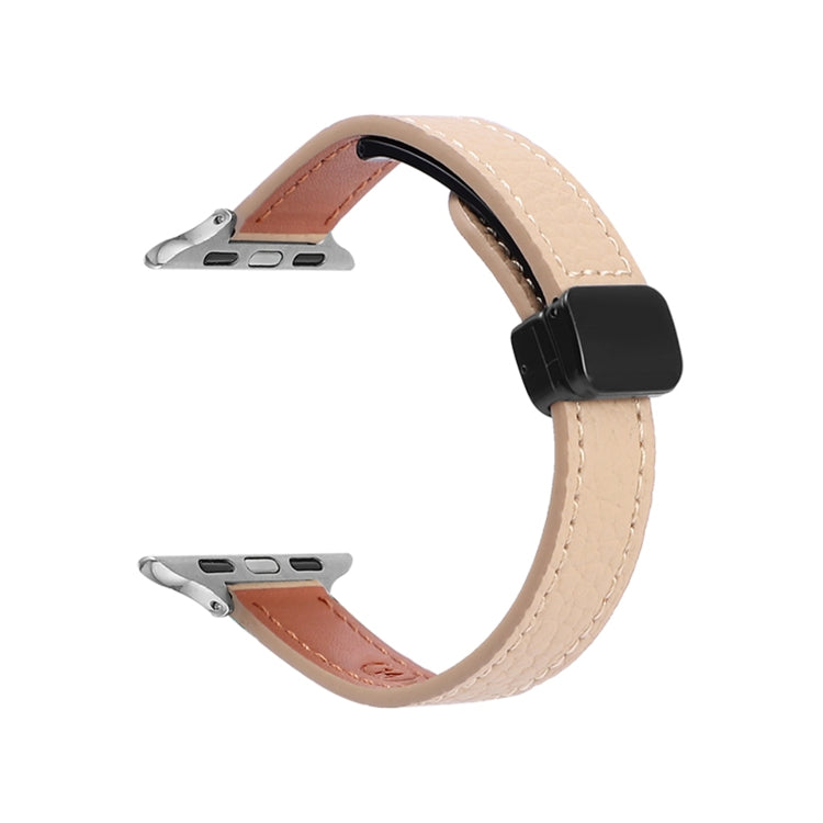 For Apple Watch Series 2 42mm Slim Magnetic Buckle Genuine Leather Watch Band(Litchi Apricot) - Watch Bands by PMC Jewellery | Online Shopping South Africa | PMC Jewellery