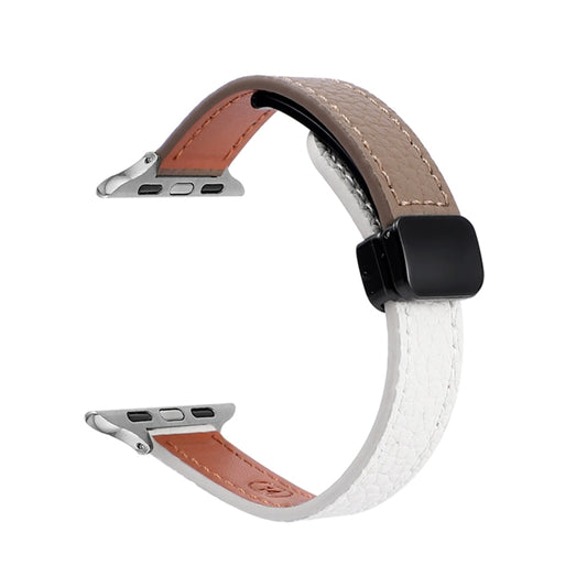 For Apple Watch Series 2 38mm Slim Magnetic Buckle Genuine Leather Watch Band(Litchi Beige Coffee) - Watch Bands by PMC Jewellery | Online Shopping South Africa | PMC Jewellery