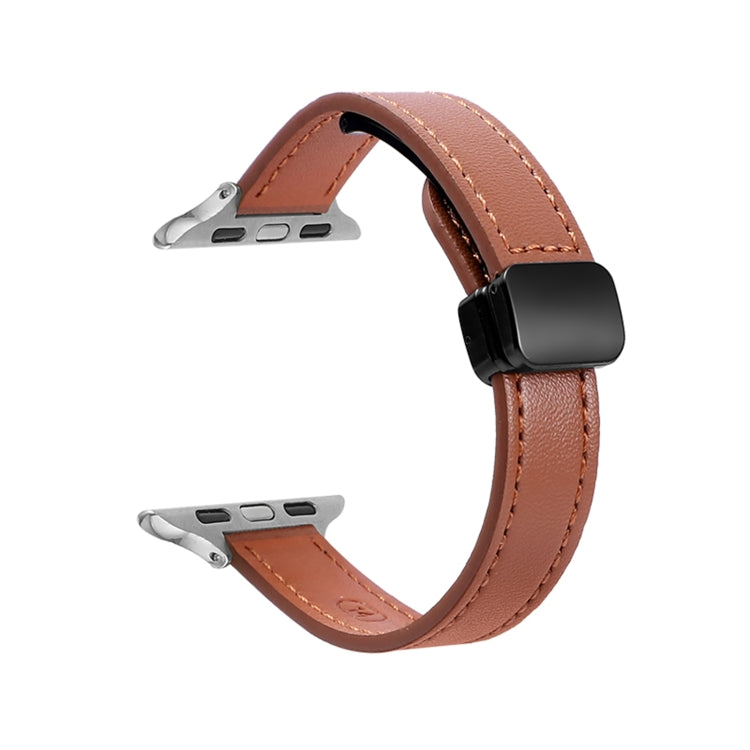 For Apple Watch 42mm Slim Magnetic Buckle Genuine Leather Watch Band(Plain Brown) - Watch Bands by PMC TechLife | Online Shopping South Africa | PMC TechLife