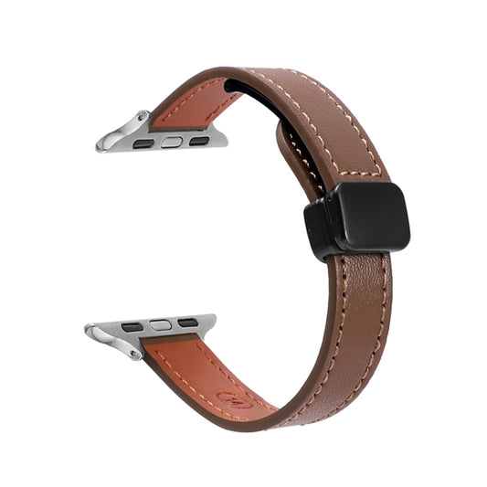 For Apple Watch 42mm Slim Magnetic Buckle Genuine Leather Watch Band(Plain Coffee) - Watch Bands by PMC Jewellery | Online Shopping South Africa | PMC Jewellery