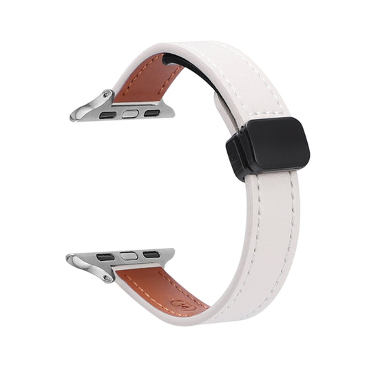 For Apple Watch 42mm Slim Magnetic Buckle Genuine Leather Watch Band(Plain Beige) - Watch Bands by PMC Jewellery | Online Shopping South Africa | PMC Jewellery