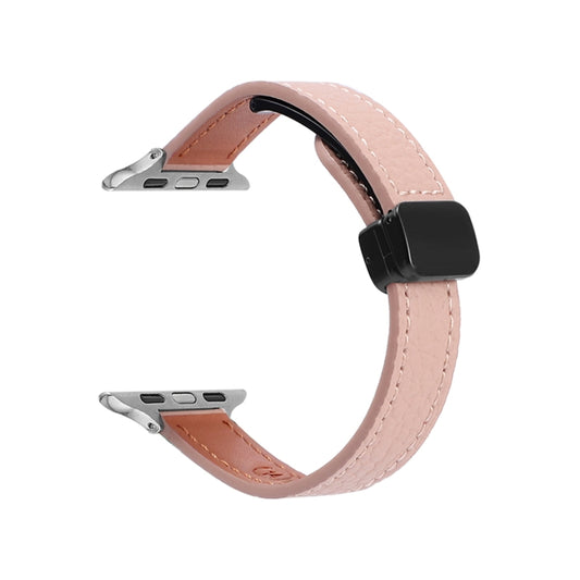 For Apple Watch 42mm Slim Magnetic Buckle Genuine Leather Watch Band(Litchi Pink) - Watch Bands by PMC Jewellery | Online Shopping South Africa | PMC Jewellery