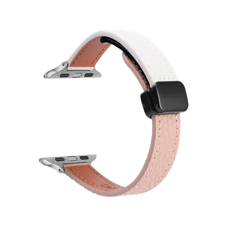 For Apple Watch 42mm Slim Magnetic Buckle Genuine Leather Watch Band(Litchi Pink Beige) - Watch Bands by PMC Jewellery | Online Shopping South Africa | PMC Jewellery