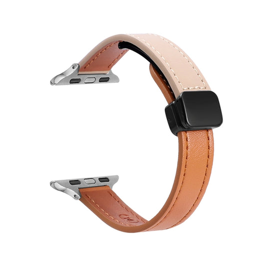 For Apple Watch 38mm Slim Magnetic Buckle Genuine Leather Watch Band(Plain Orange Apricot) - Watch Bands by PMC Jewellery | Online Shopping South Africa | PMC Jewellery