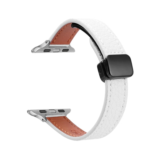 For Apple Watch 38mm Slim Magnetic Buckle Genuine Leather Watch Band(Litchi Beige) - Watch Bands by PMC Jewellery | Online Shopping South Africa | PMC Jewellery