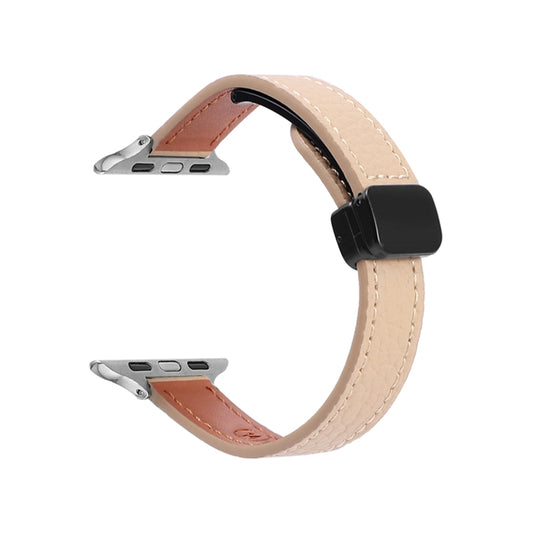 For Apple Watch 38mm Slim Magnetic Buckle Genuine Leather Watch Band(Litchi Apricot) - Watch Bands by PMC Jewellery | Online Shopping South Africa | PMC Jewellery