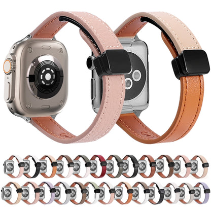 For Apple Watch 42mm Slim Magnetic Buckle Genuine Leather Watch Band(Plain Beige Pink) - Watch Bands by PMC Jewellery | Online Shopping South Africa | PMC Jewellery