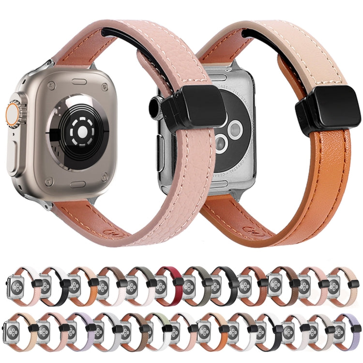 For Apple Watch 42mm Slim Magnetic Buckle Genuine Leather Watch Band(Plain Pink) - Watch Bands by PMC Jewellery | Online Shopping South Africa | PMC Jewellery