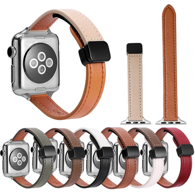 For Apple Watch Series 3 42mm Slim Magnetic Buckle Genuine Leather Watch Band(Litchi Apricot) - Watch Bands by PMC Jewellery | Online Shopping South Africa | PMC Jewellery