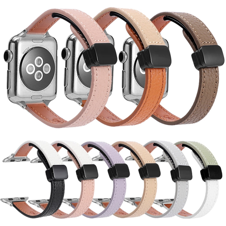 For Apple Watch 38mm Slim Magnetic Buckle Genuine Leather Watch Band(Plain Brown) - Watch Bands by PMC TechLife | Online Shopping South Africa | PMC TechLife