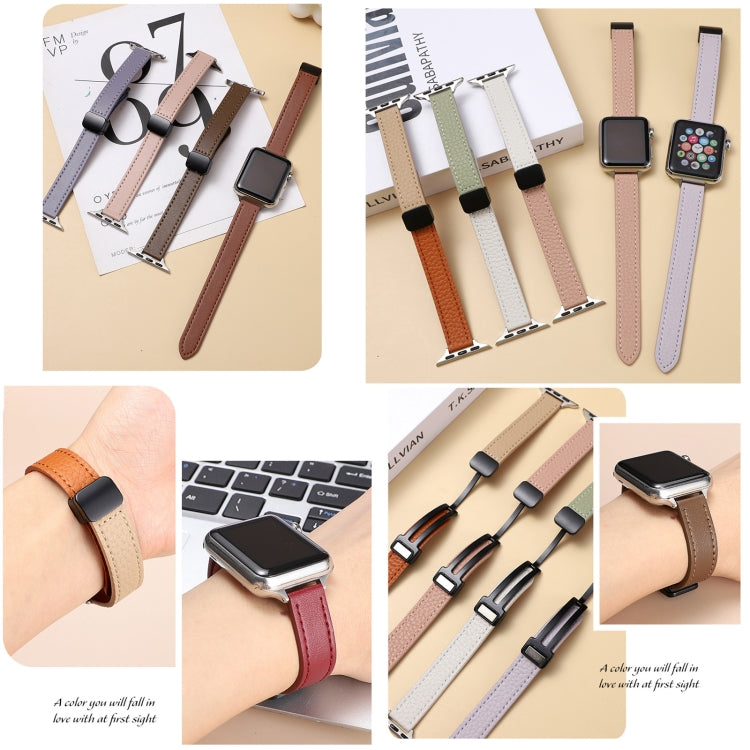 For Apple Watch 42mm Slim Magnetic Buckle Genuine Leather Watch Band(Plain Brown) - Watch Bands by PMC TechLife | Online Shopping South Africa | PMC TechLife