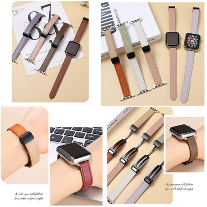 For Apple Watch 42mm Slim Magnetic Buckle Genuine Leather Watch Band(Litchi Pink Beige) - Watch Bands by PMC Jewellery | Online Shopping South Africa | PMC Jewellery