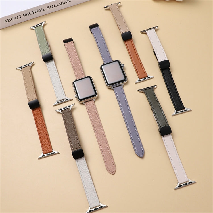 For Apple Watch Series 8 41mm Slim Magnetic Buckle Genuine Leather Watch Band(Plain Beige) - Watch Bands by PMC Jewellery | Online Shopping South Africa | PMC Jewellery