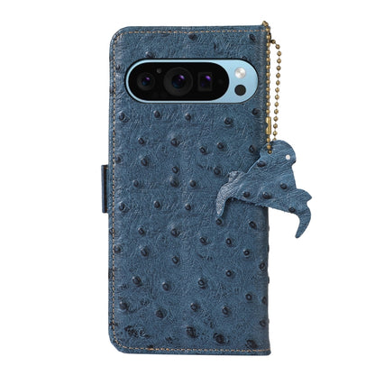 For Google Pixel 9 Ostrich Pattern Genuine Leather RFID Phone Case(Blue) - Google Cases by PMC Jewellery | Online Shopping South Africa | PMC Jewellery | Buy Now Pay Later Mobicred