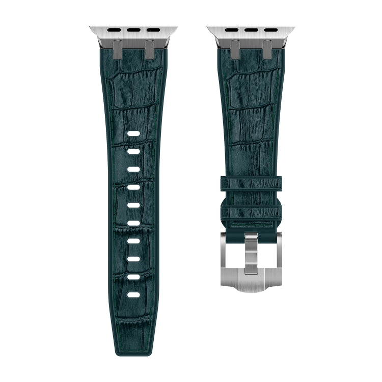 For Apple Watch SE 2023 44mm Crocodile Texture Liquid Silicone Watch Band(Silver Deep Green) - Watch Bands by PMC Jewellery | Online Shopping South Africa | PMC Jewellery