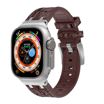 For Apple Watch Ultra 2 49mm Crocodile Texture Liquid Silicone Watch Band(Silver Dark Brown) - Watch Bands by PMC Jewellery | Online Shopping South Africa | PMC Jewellery