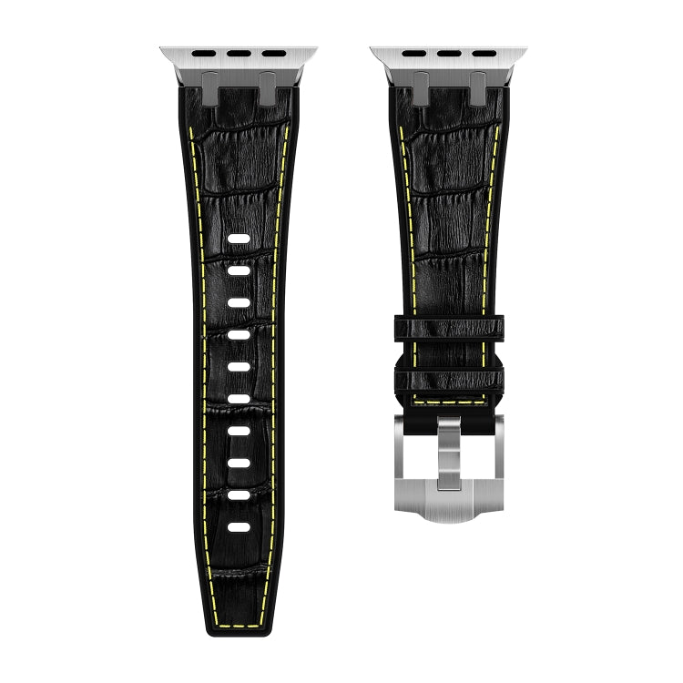 For Apple Watch Series 9 45mm Crocodile Texture Liquid Silicone Watch Band(Silver Yellow Black) - Watch Bands by PMC Jewellery | Online Shopping South Africa | PMC Jewellery