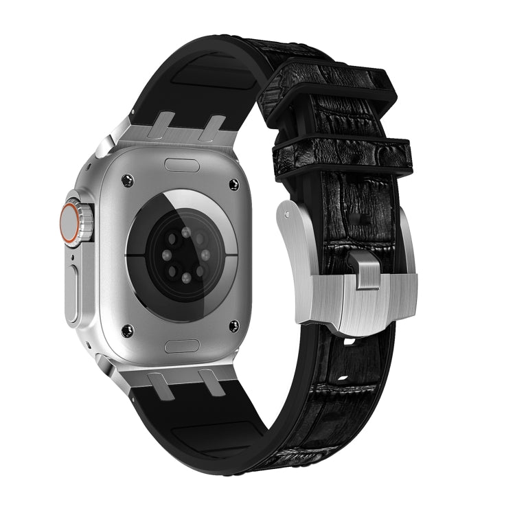 For Apple Watch Series 7 45mm Crocodile Texture Liquid Silicone Watch Band(Silver Black) - Watch Bands by PMC TechLife | Online Shopping South Africa | PMC TechLife