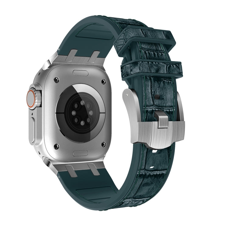 For Apple Watch Series 5 44mm Crocodile Texture Liquid Silicone Watch Band(Silver Deep Green) - Watch Bands by PMC TechLife | Online Shopping South Africa | PMC TechLife