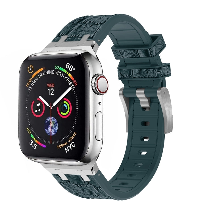 For Apple Watch Series 2 42mm Crocodile Texture Liquid Silicone Watch Band(Silver Deep Green) - Watch Bands by PMC TechLife | Online Shopping South Africa | PMC TechLife