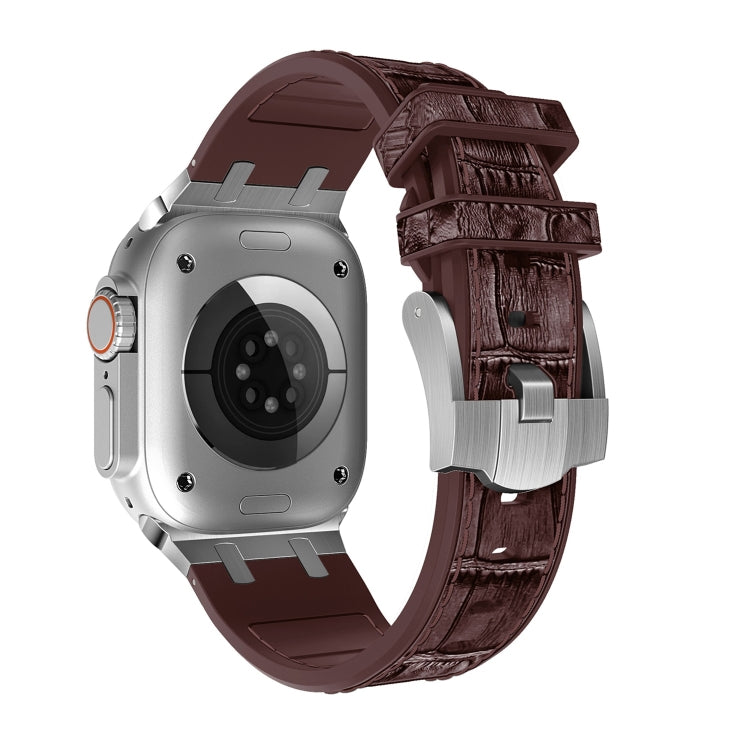 For Apple Watch 42mm Crocodile Texture Liquid Silicone Watch Band(Silver Dark Brown) - free shipping - PMC TechLife - Order now!