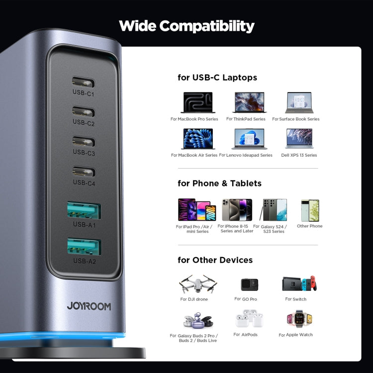 JOYROOM JR-TCM02 6 in 1 65W GaN 4 USB-C & 2 USB-A Multi-port Charger, Power Plug:UK Plug(Dark Gray) - Multifunction Charger by JOYROOM | Online Shopping South Africa | PMC Jewellery | Buy Now Pay Later Mobicred