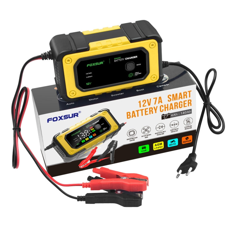 FOXSUR 7A 12V Car / Motorcycle Smart Battery Charger, Plug Type:EU Plug(Yellow) - Battery Charger by FOXSUR | Online Shopping South Africa | PMC Jewellery | Buy Now Pay Later Mobicred