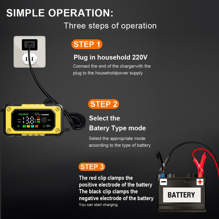 FOXSUR 7A 12V Car / Motorcycle Smart Battery Charger, Plug Type:UK Plug(Yellow) - Battery Charger by FOXSUR | Online Shopping South Africa | PMC TechLife | Buy Now Pay Later Mobicred
