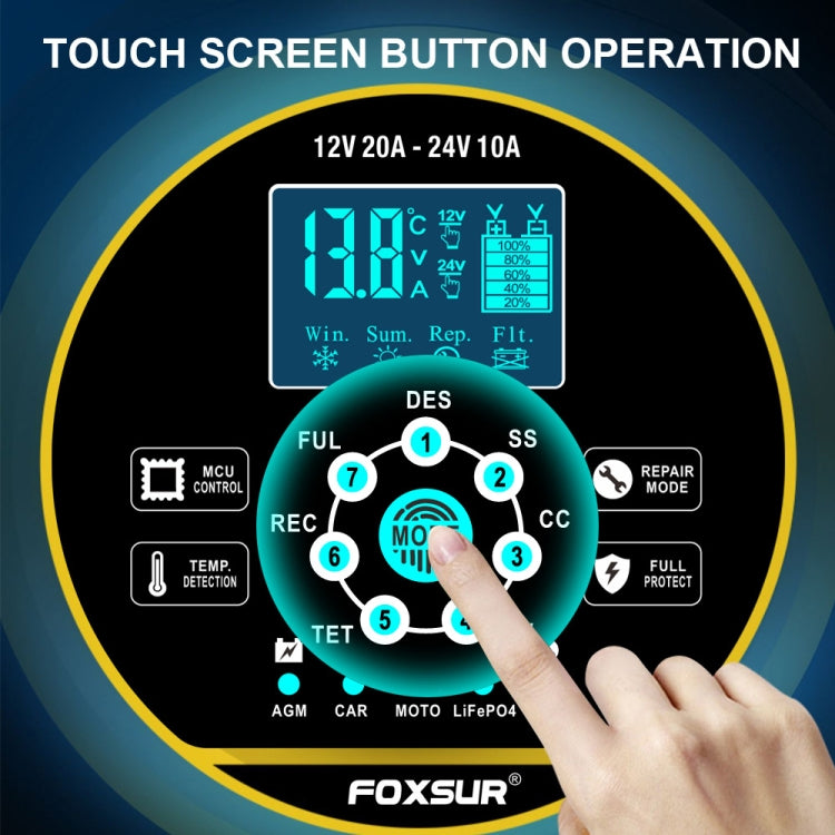 FOXSUR 20A 12V 24V Car / Motorcycle Smart Battery Charger, Plug Type:EU Plug(Yellow) - Battery Charger by FOXSUR | Online Shopping South Africa | PMC Jewellery | Buy Now Pay Later Mobicred