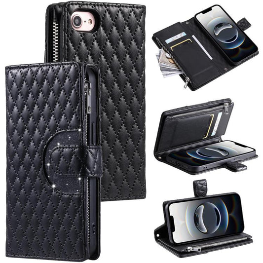 For iPhone 16e Glitter Lattice Zipper Wallet Leather Phone Case(Black) - iPhone 16e Cases by PMC Jewellery | Online Shopping South Africa | PMC Jewellery | Buy Now Pay Later Mobicred