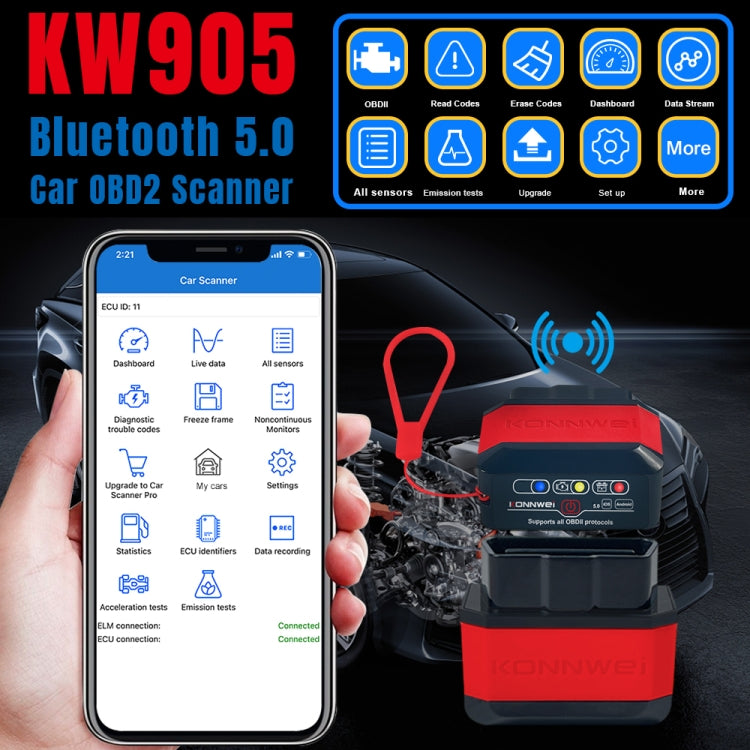 KONNWEI KW905 Bluetooth 5.0 Car OBD2 Scanner Support Android & iOS(Black) - Code Readers & Scan Tools by KONNWEI | Online Shopping South Africa | PMC TechLife | Buy Now Pay Later Mobicred