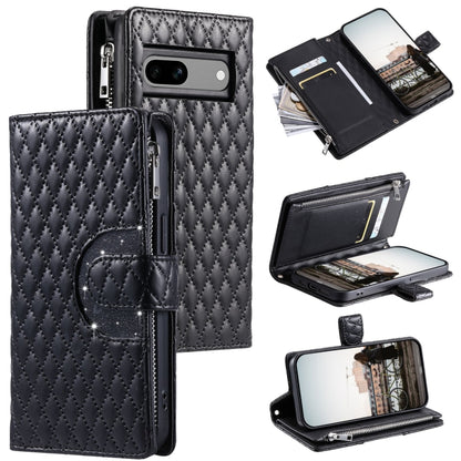 For Google Pixel 7a Glitter Lattice Zipper Wallet Leather Phone Case(Black) - Google Cases by PMC Jewellery | Online Shopping South Africa | PMC Jewellery | Buy Now Pay Later Mobicred