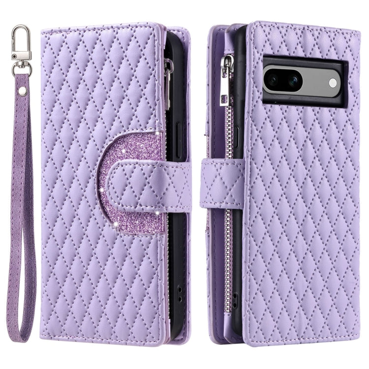 For Google Pixel 7a Glitter Lattice Zipper Wallet Leather Phone Case(Purple) - Google Cases by PMC Jewellery | Online Shopping South Africa | PMC Jewellery | Buy Now Pay Later Mobicred