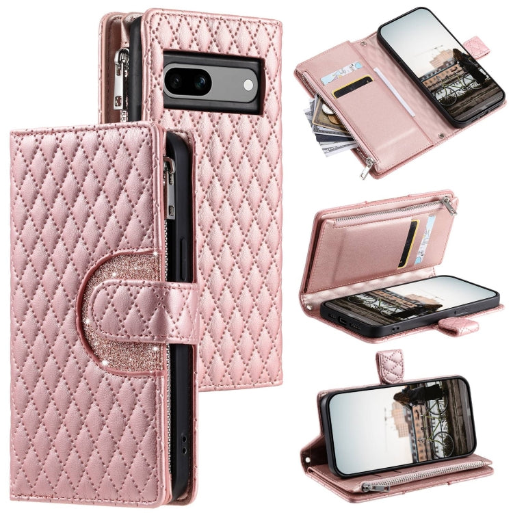 For Google Pixel 7a Glitter Lattice Zipper Wallet Leather Phone Case(Rose Gold) - Google Cases by PMC TechLife | Online Shopping South Africa | PMC TechLife | Buy Now Pay Later Mobicred
