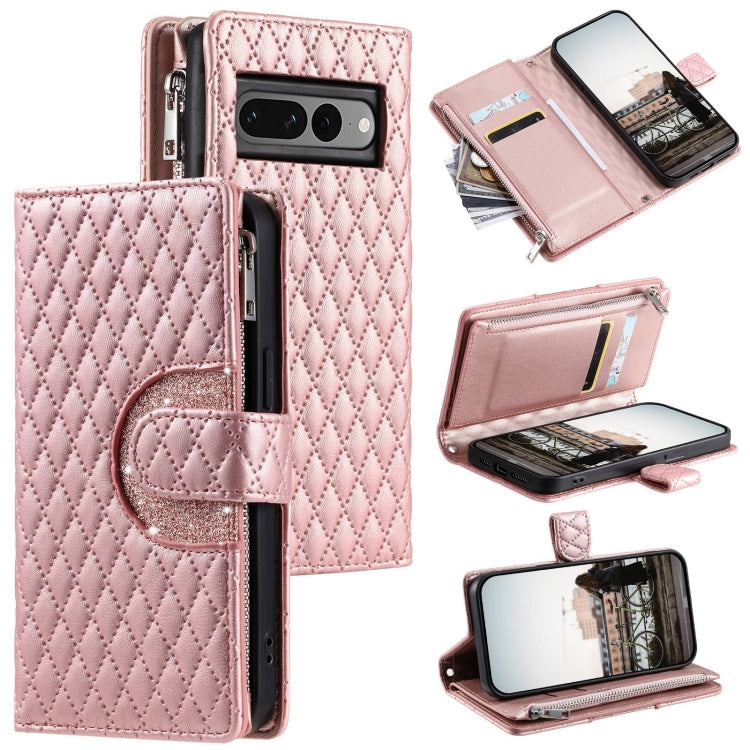 For Google Pixel 7 Pro 5G Glitter Lattice Zipper Wallet Leather Phone Case(Rose Gold) - Google Cases by PMC TechLife | Online Shopping South Africa | PMC TechLife | Buy Now Pay Later Mobicred